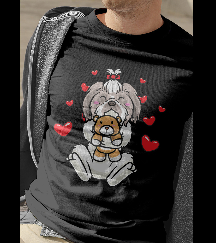 Kawaii Shih Tzu Holding Stuffed Animal Surrounded By Hearts T-Shirt