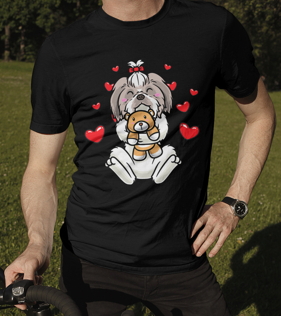 Kawaii Shih Tzu Holding Stuffed Animal Surrounded By Hearts T-Shirt