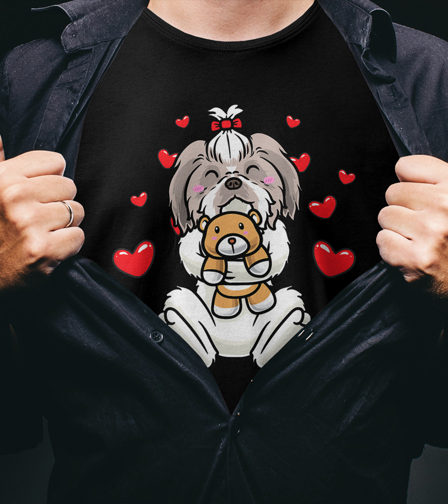 Kawaii Shih Tzu Holding Stuffed Animal Surrounded By Hearts T-Shirt