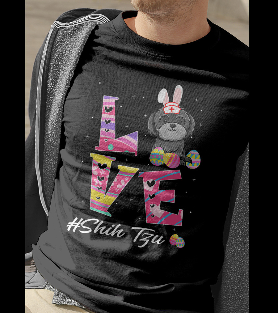 Love Easter Shih Tzu Bunny Ears Nurse Hat Egg Pattern Funny Dog Lovers T-Shirt