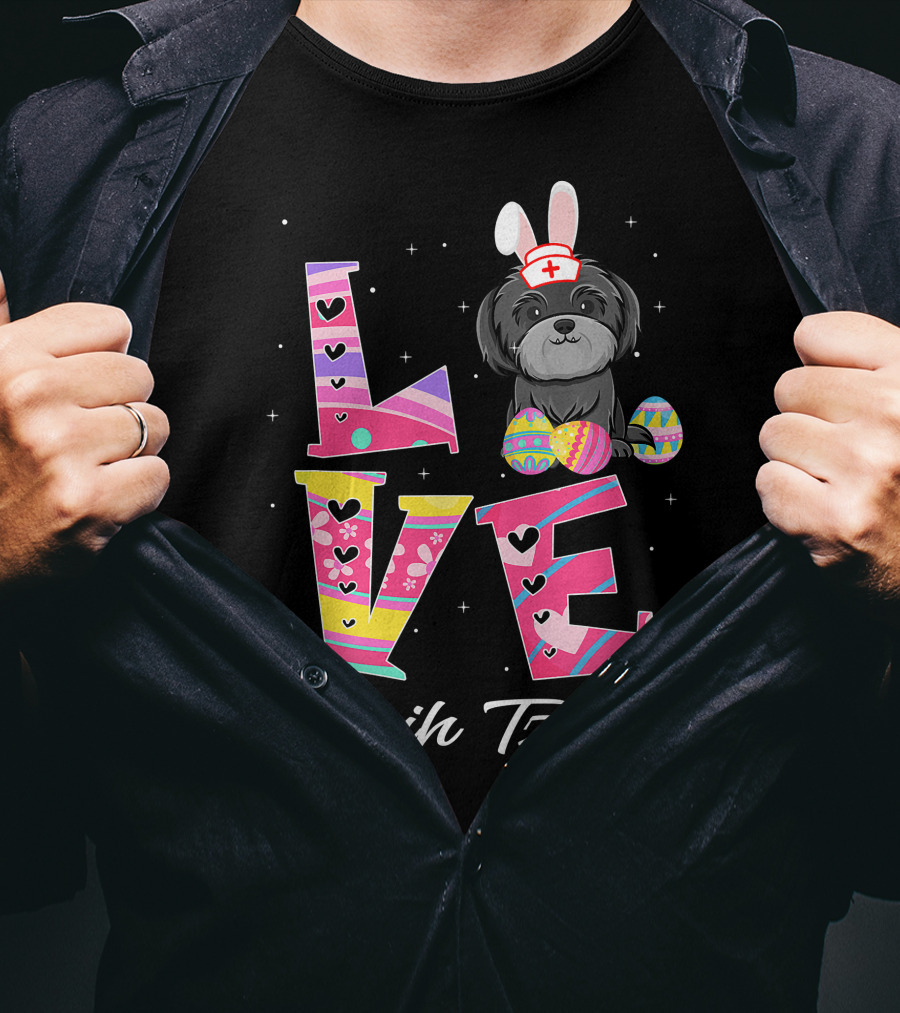 Love Easter Shih Tzu Bunny Ears Nurse Hat Egg Pattern Funny Dog Lovers T-Shirt