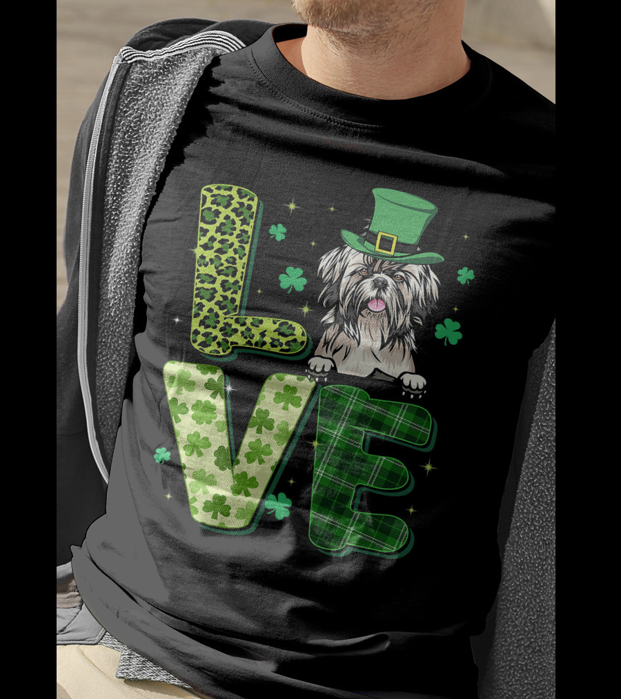 Love Shih Tzu Leopard Plaid Shamrock St Patrick's Day T-Shirt