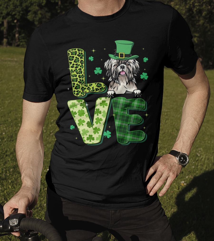 Love Shih Tzu Leopard Plaid Shamrock St Patrick's Day T-Shirt