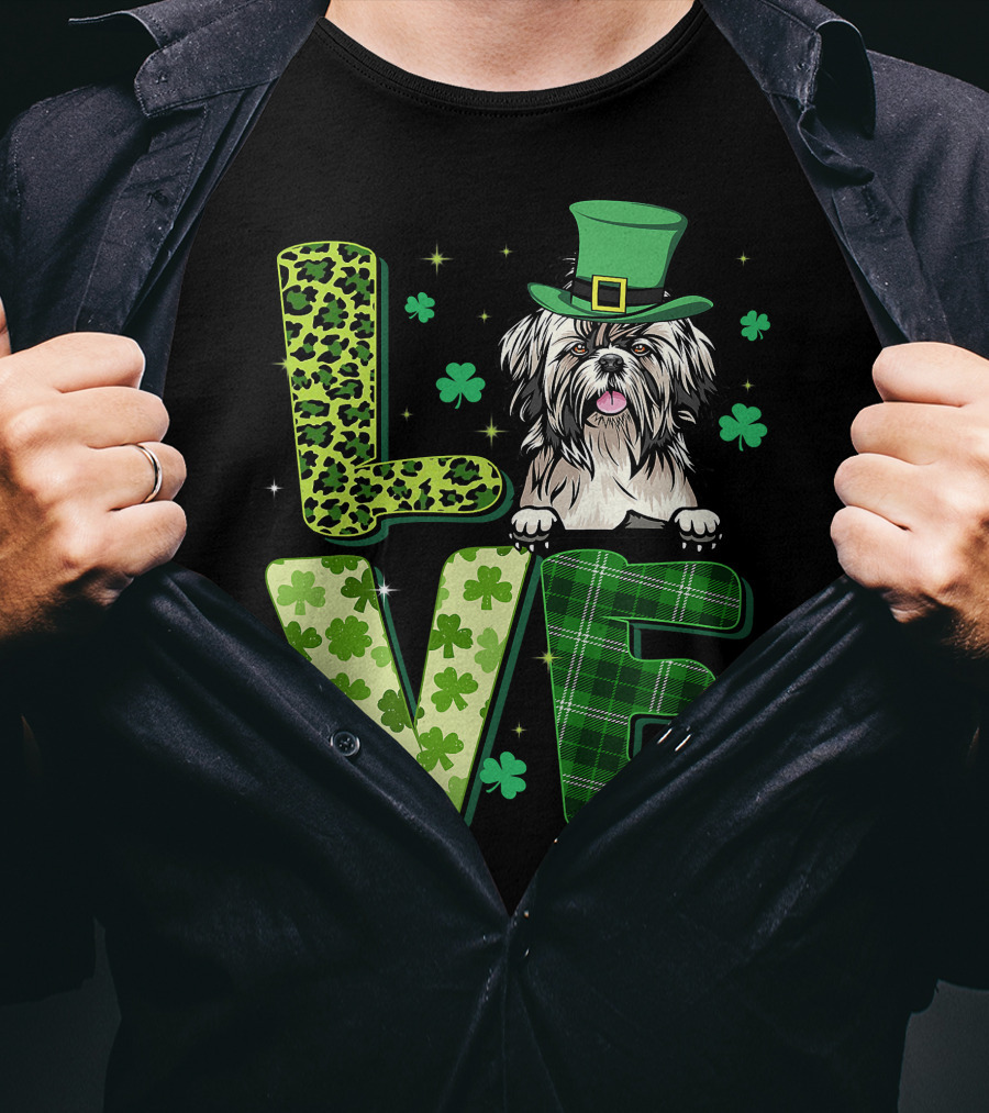 Love Shih Tzu Leopard Plaid Shamrock St Patrick's Day T-Shirt