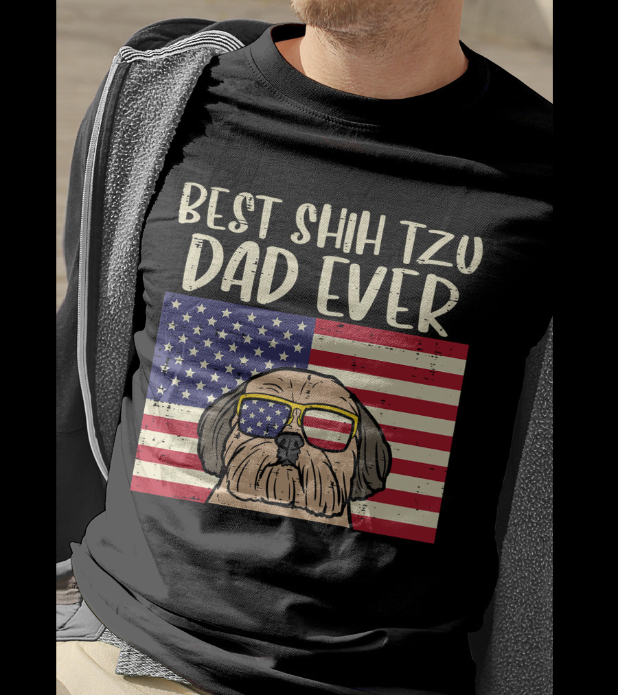 Best Shih Tzu Dad Ever US Flag Patriotic Dog Sunglasses T-Shirt