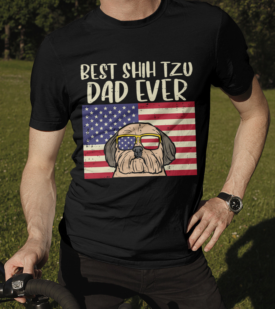 Best Shih Tzu Dad Ever US Flag Patriotic Dog Sunglasses T-Shirt
