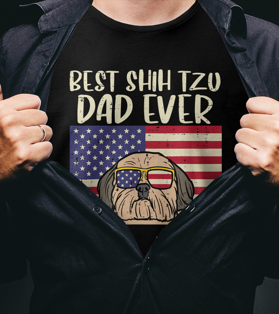 Best Shih Tzu Dad Ever US Flag Patriotic Dog Sunglasses T-Shirt