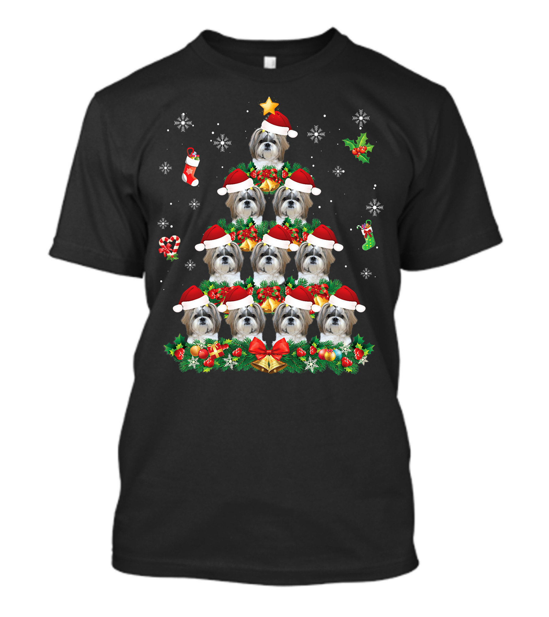 Merry Christmas Shih Tzu Santa Hat Dog Tree Pajama Swe T-Shirt
