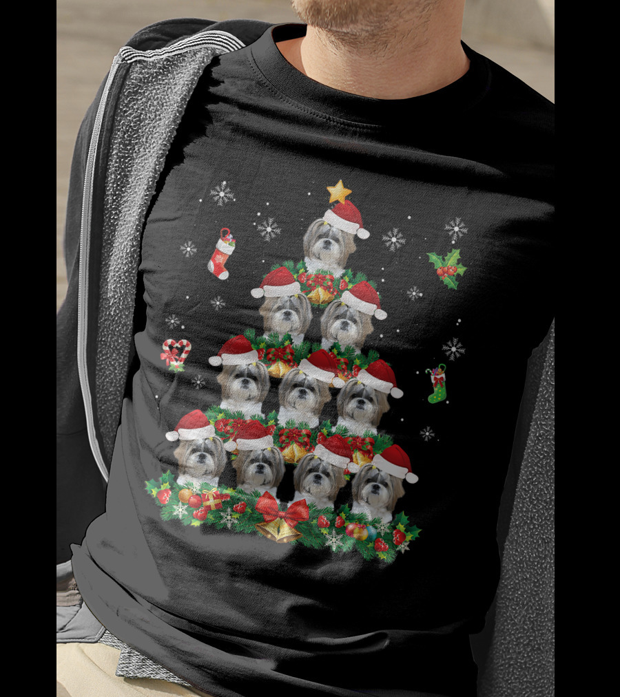 Merry Christmas Shih Tzu Santa Hat Dog Tree Pajama Swe T-Shirt