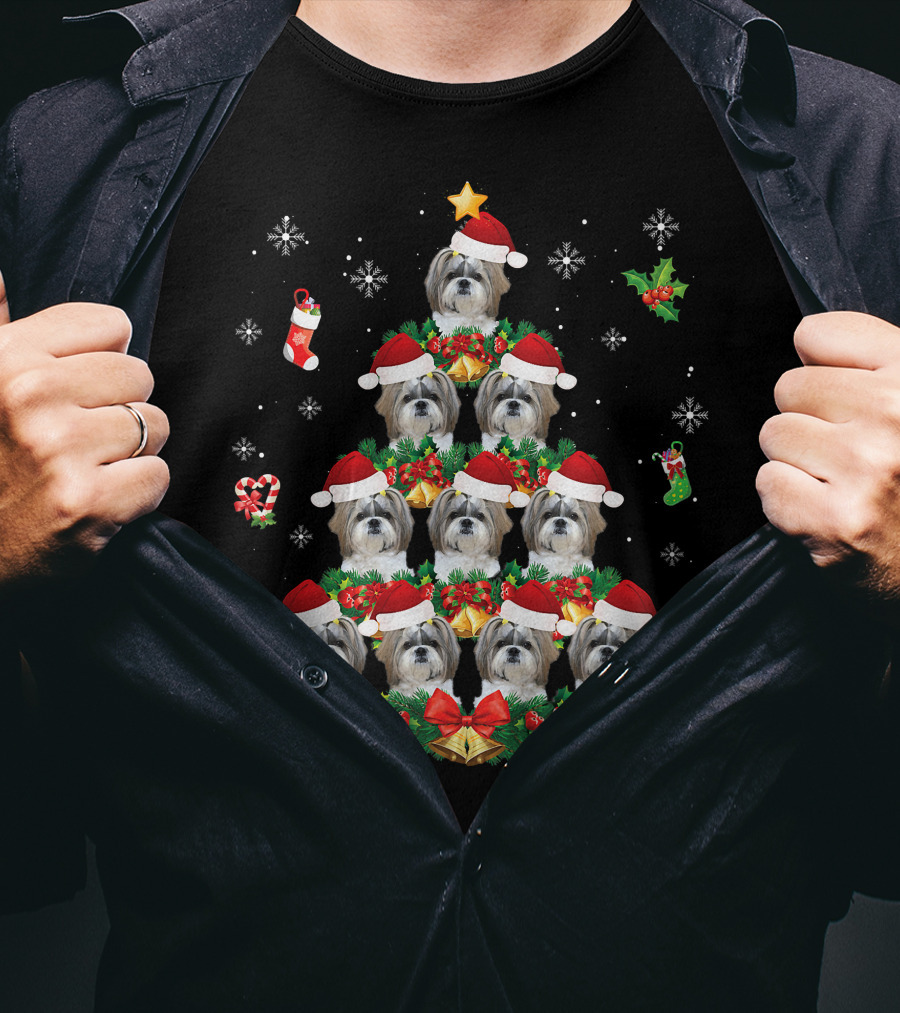 Merry Christmas Shih Tzu Santa Hat Dog Tree Pajama Swe T-Shirt