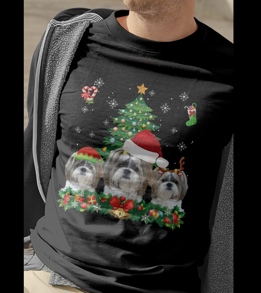 Merry Dogmas Shih Tzu Santa Elf Reindeer Christmas Tree T-Shirt