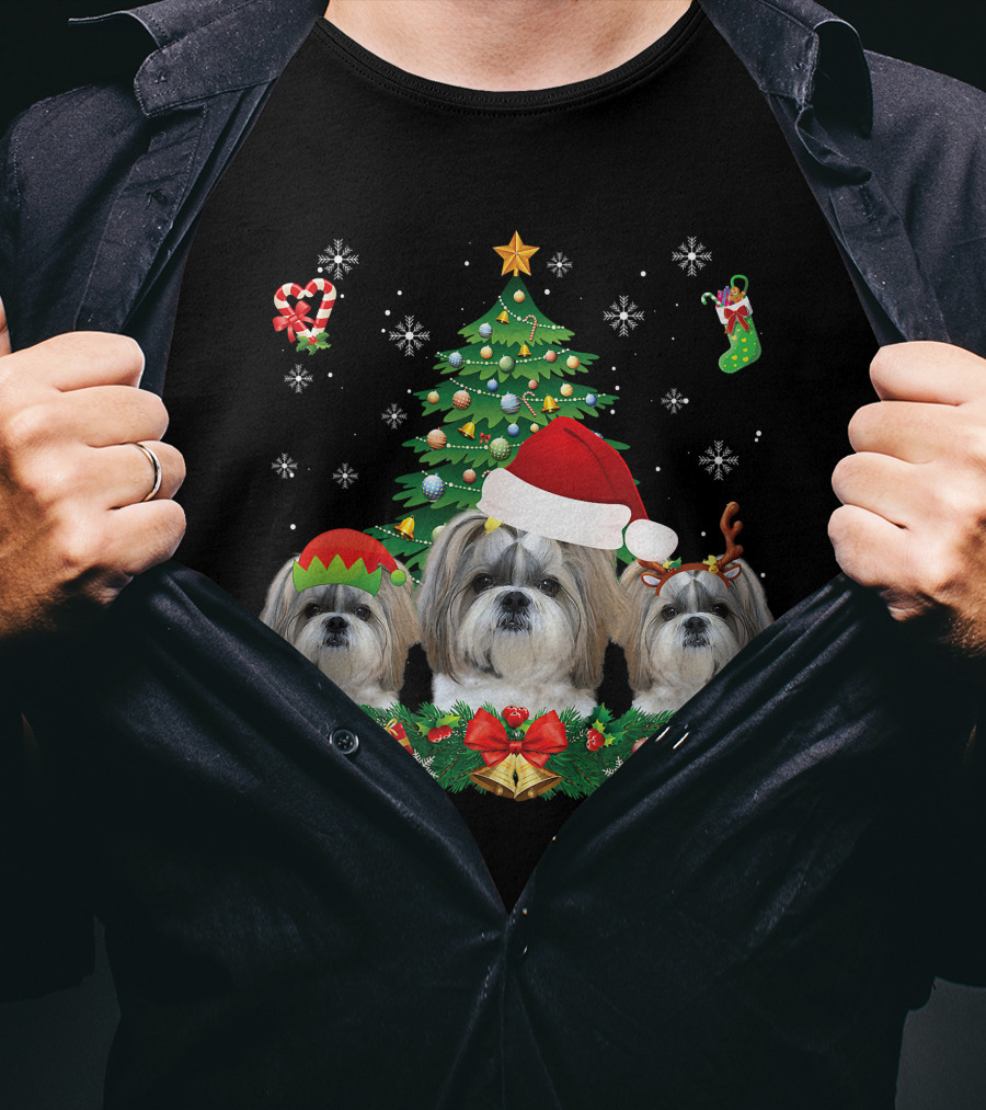 Merry Dogmas Shih Tzu Santa Elf Reindeer Christmas Tree T-Shirt