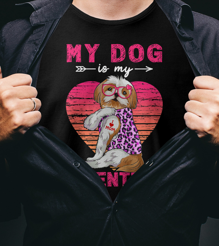 My Dog Valentine Shih Tzu Leopard Heart Glasses Mom Tattoo T-Shirt