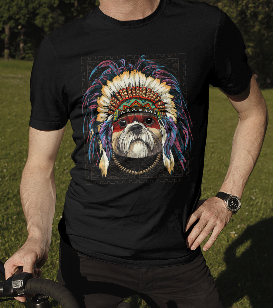 Native Indian Shih Tzu Dog In Traditional American Indian Headdress T-Shirt