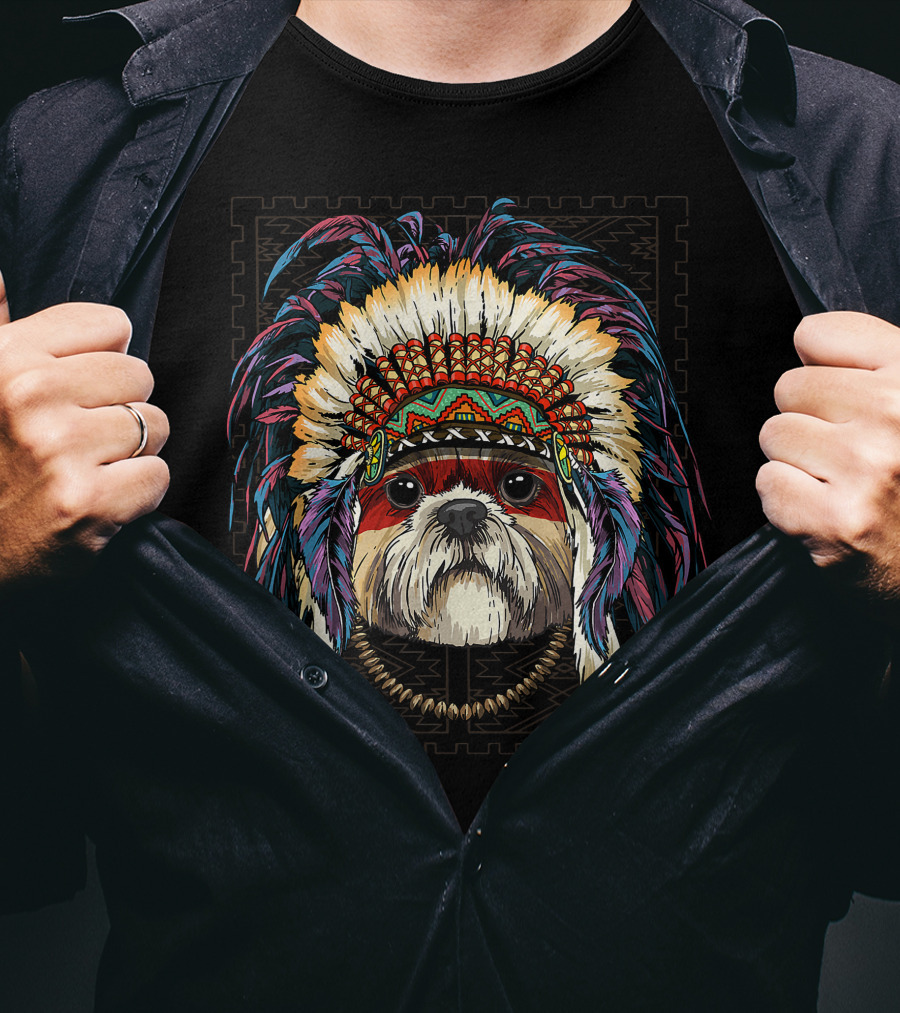 Native Indian Shih Tzu Dog In Traditional American Indian Headdress T-Shirt