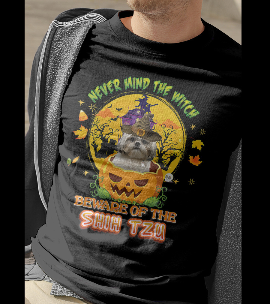Never Mind The Witch Beware Of The Shih Tzu Halloween Pumpkin Dog With Witch Hat T-Shirt
