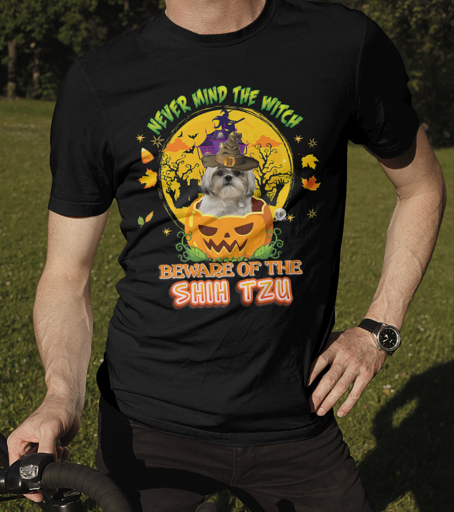 Never Mind The Witch Beware Of The Shih Tzu Halloween Pumpkin Dog With Witch Hat T-Shirt