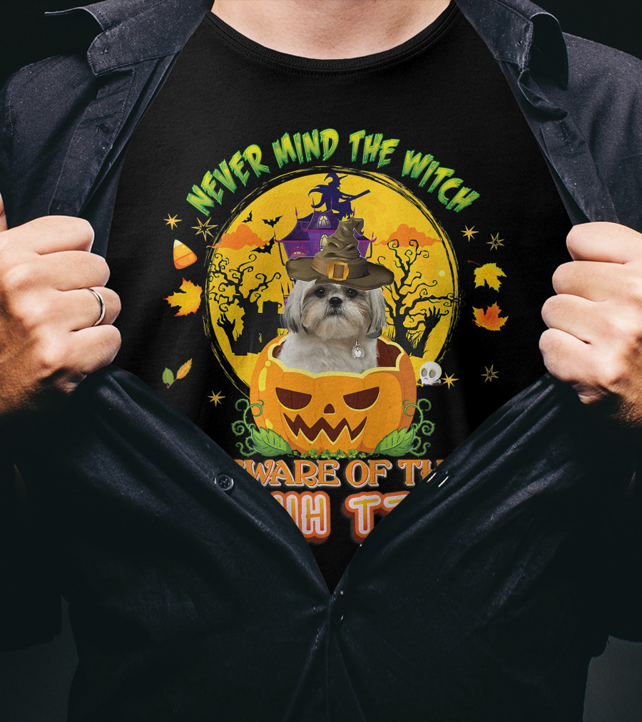 Never Mind The Witch Beware Of The Shih Tzu Halloween Pumpkin Dog With Witch Hat T-Shirt
