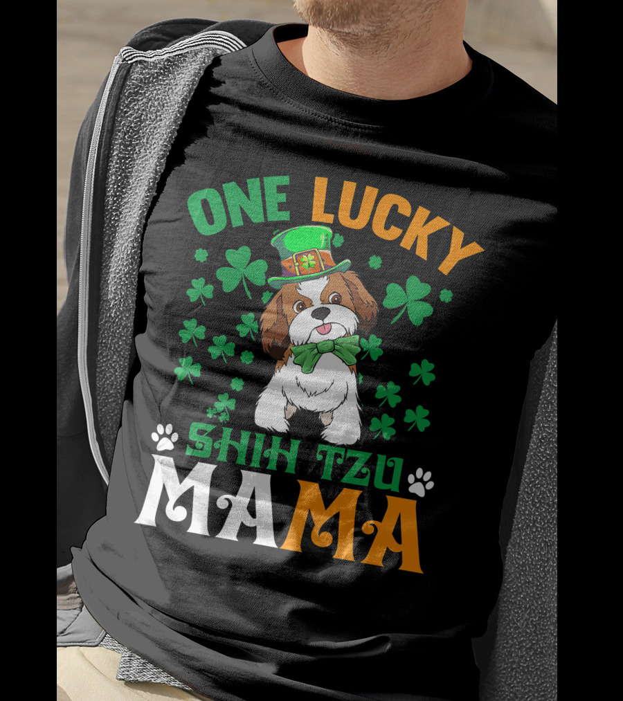 One Lucky Shih Tzu Mama St Patricks Day Green Hat Shamrocks T-Shirt