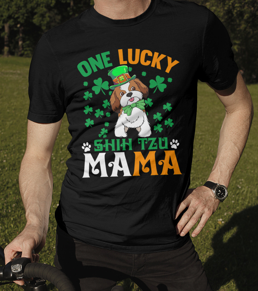 One Lucky Shih Tzu Mama St Patricks Day Green Hat Shamrocks T-Shirt