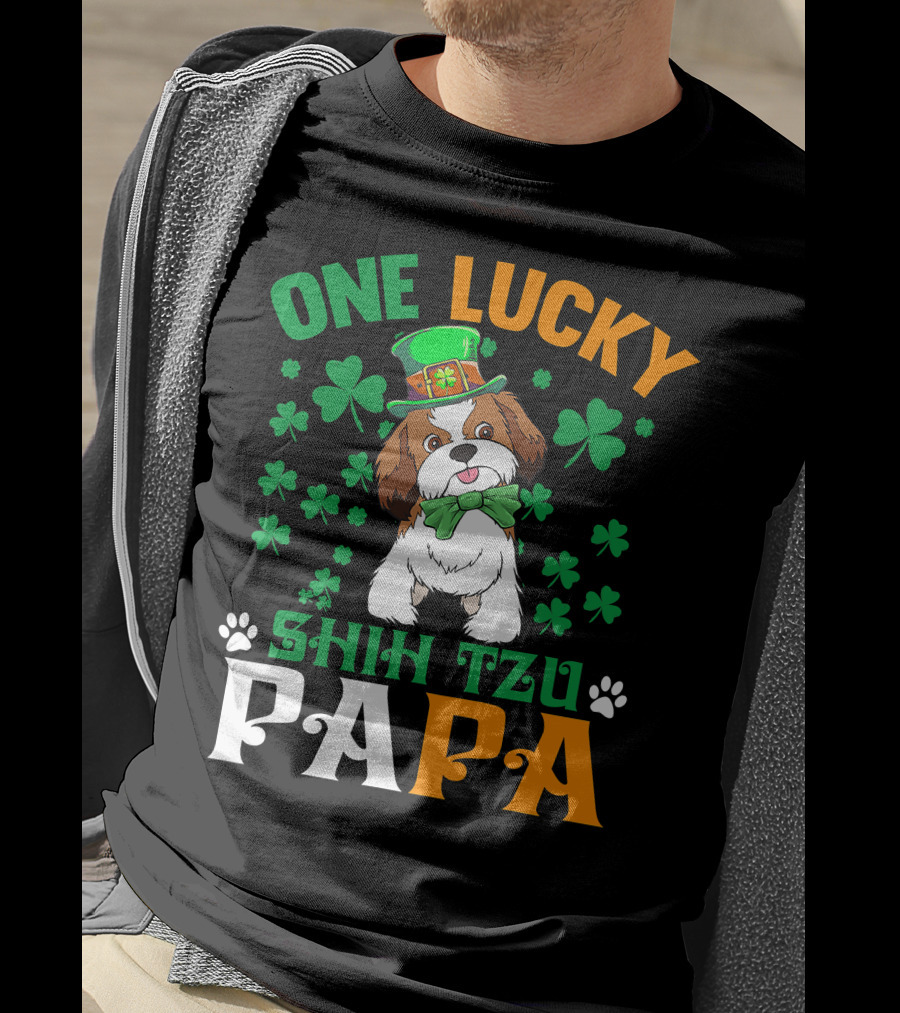 One Lucky Shih Tzu Papa St Patricks Day Dog Hat Clover T-Shirt
