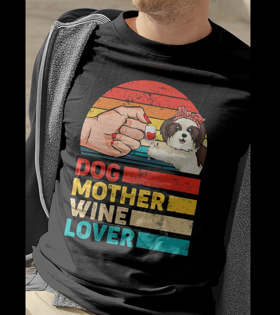 Dog Mother Wine Lover Shih Tzu Retro T-Shirt