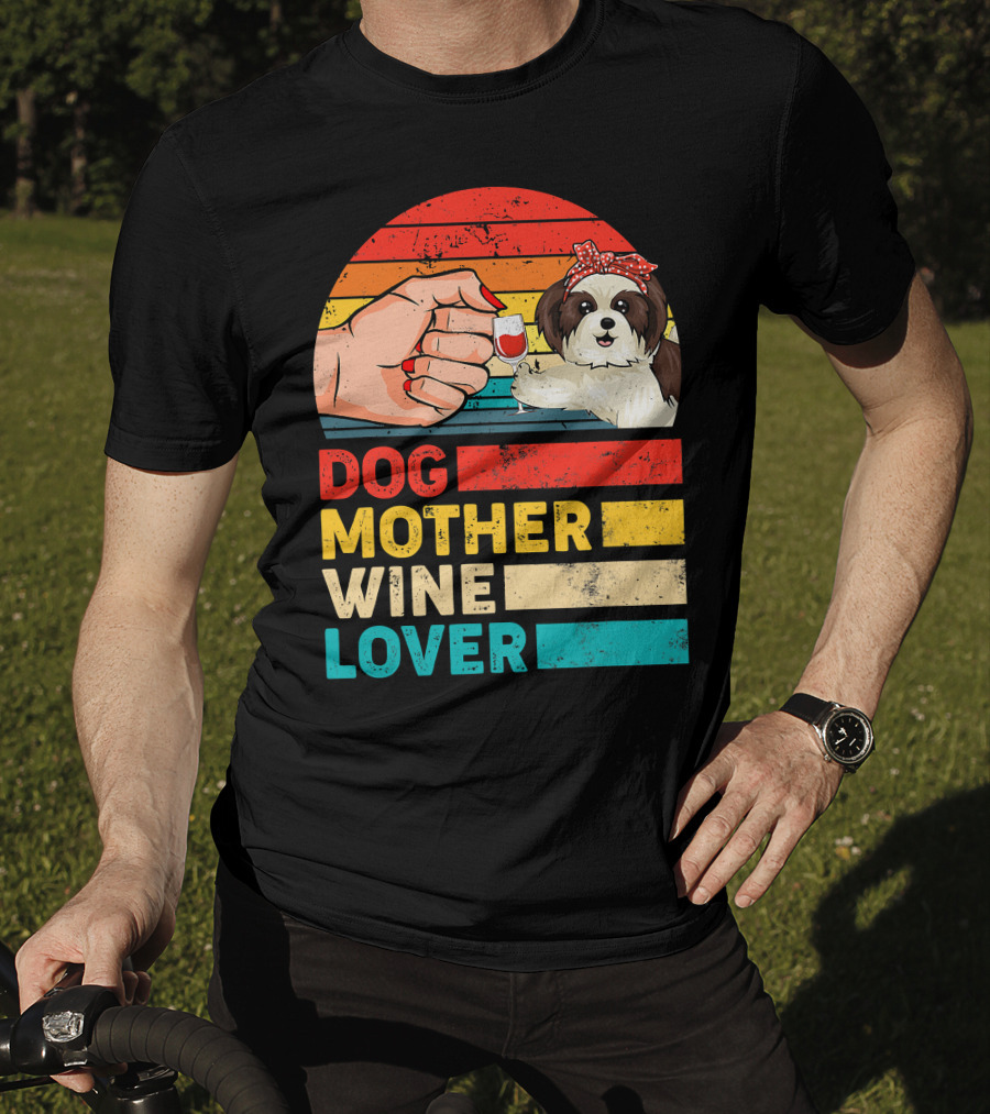 Dog Mother Wine Lover Shih Tzu Retro T-Shirt