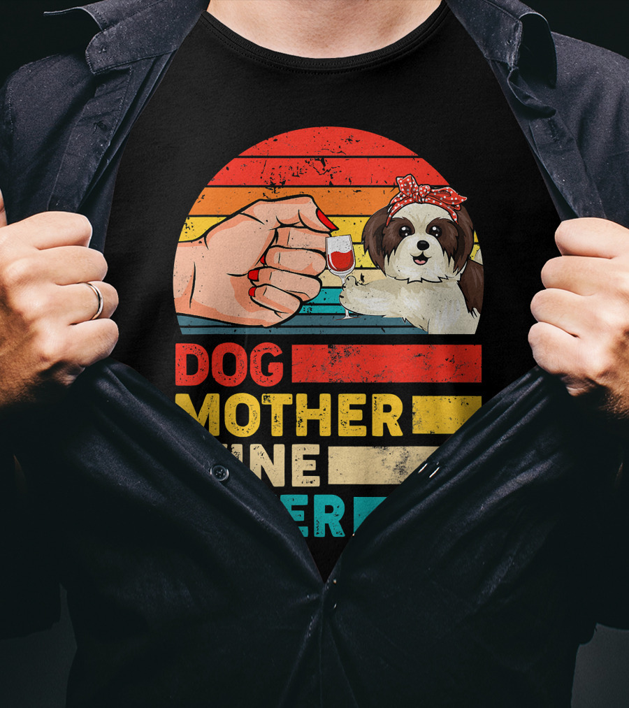Dog Mother Wine Lover Shih Tzu Retro T-Shirt