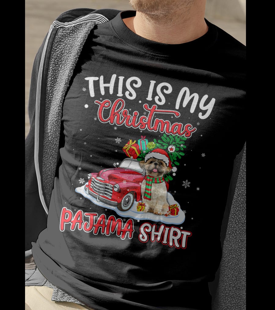 Retro Christmas Pajama Shih Tzu Santa Hat Presents Vintage Car T-Shirt