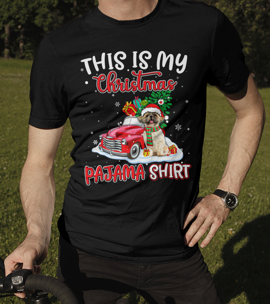 Retro Christmas Pajama Shih Tzu Santa Hat Presents Vintage Car T-Shirt