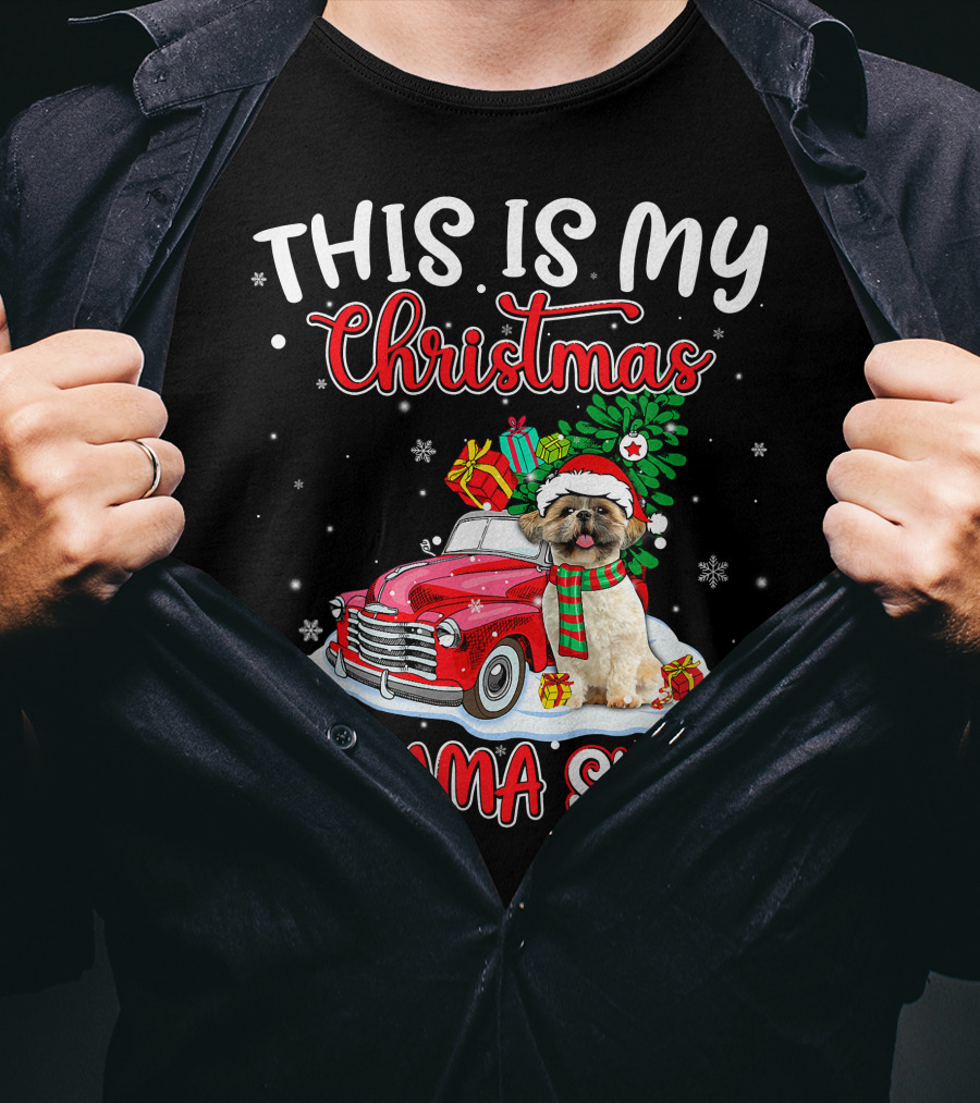 Retro Christmas Pajama Shih Tzu Santa Hat Presents Vintage Car T-Shirt