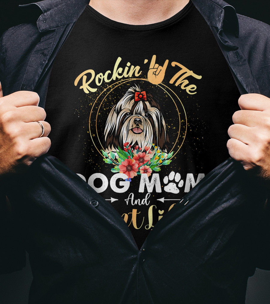 Rockin' The Dog Mom Aunt Life Shih Tzu Floral Fun T-Shirt