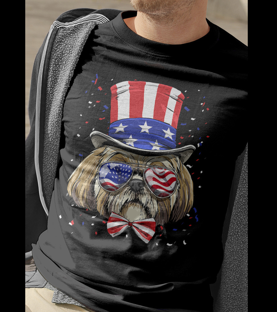 Shih Tzu Fourth Of July American Dog In USA Flag Hat And Glasses T-Shirt