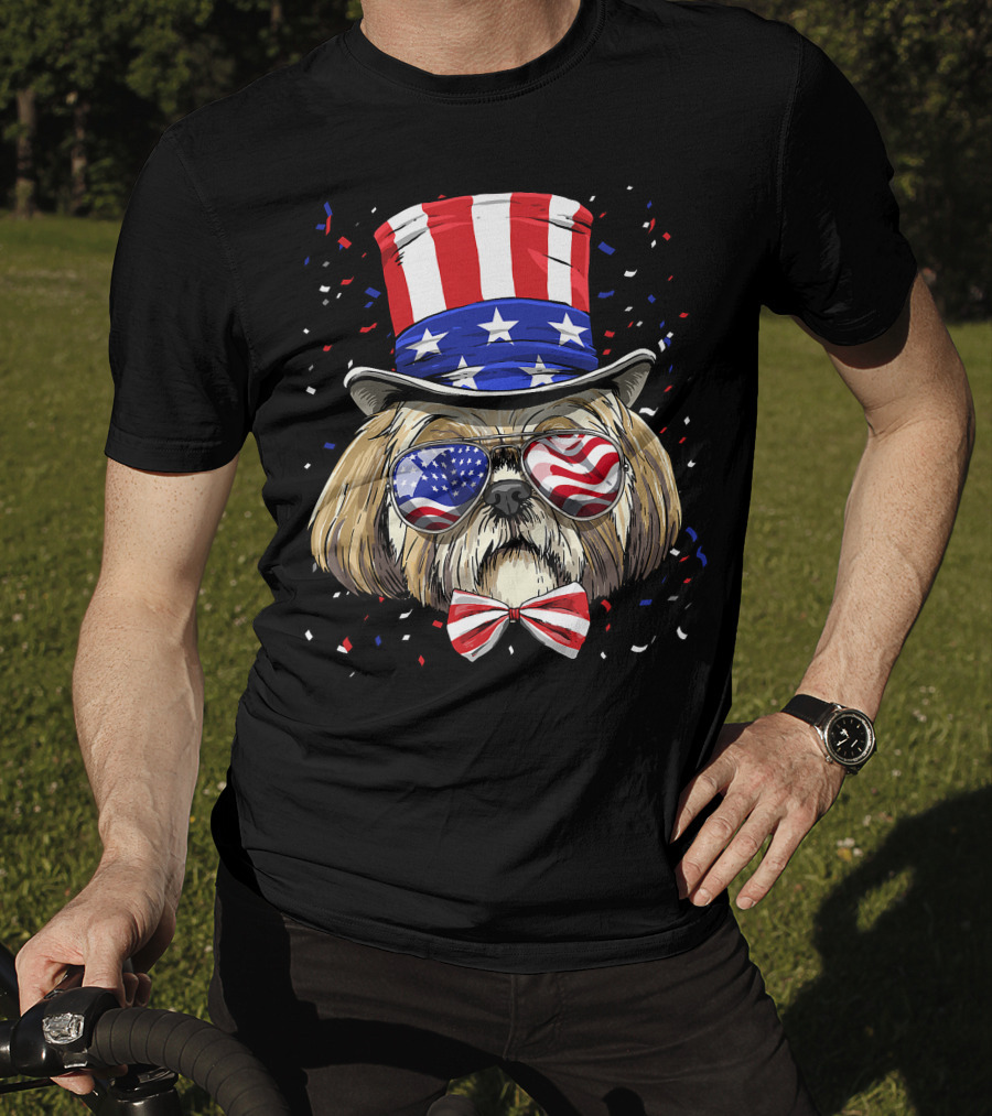 Shih Tzu Fourth Of July American Dog In USA Flag Hat And Glasses T-Shirt