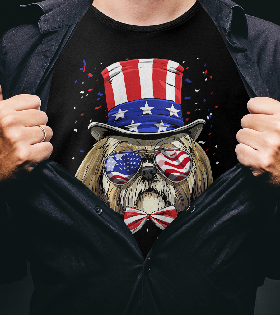 Shih Tzu Fourth Of July American Dog In USA Flag Hat And Glasses T-Shirt
