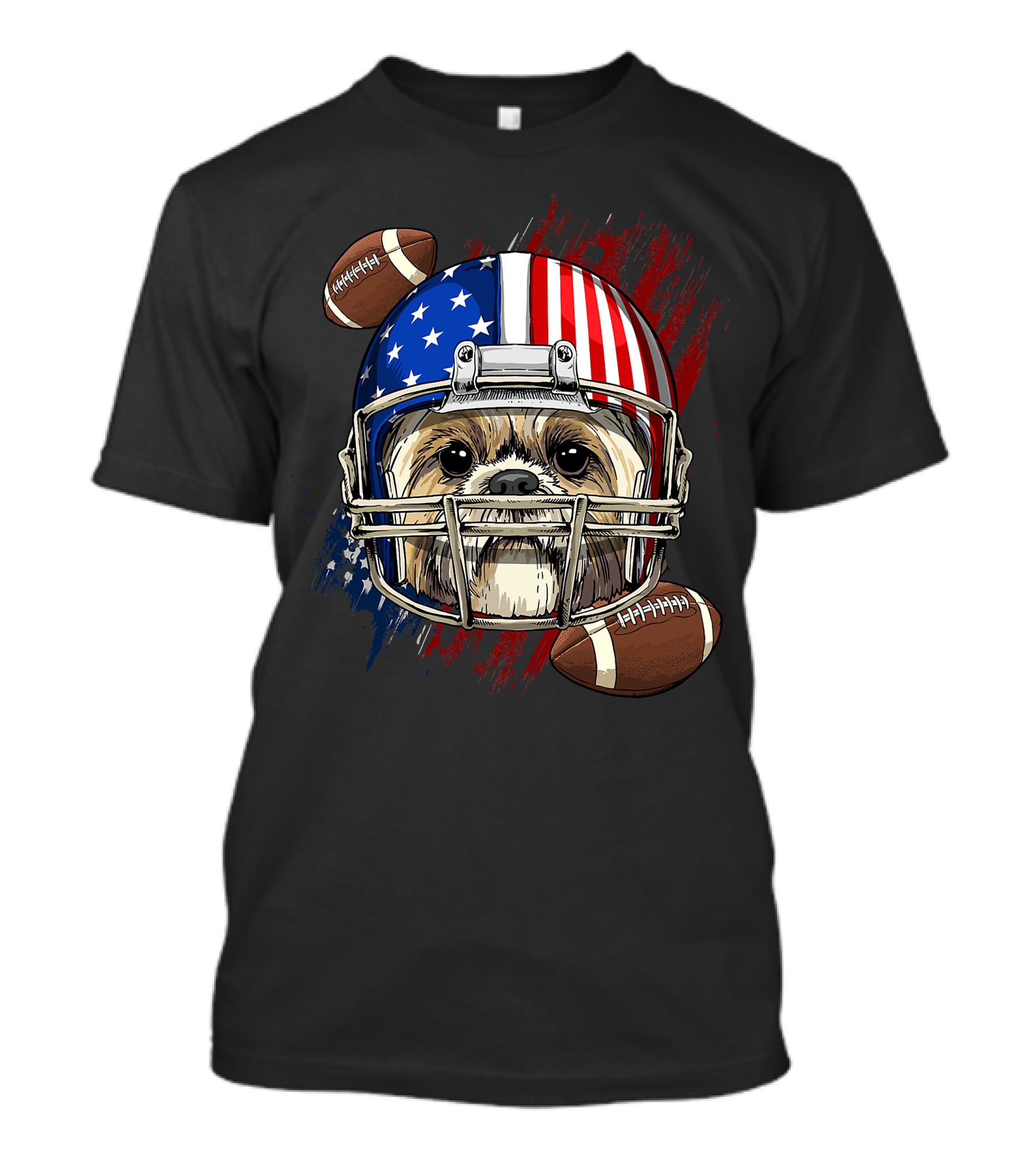 Shih Tzu In American Football Helmet With USA Flag And Footballs T-Shirt