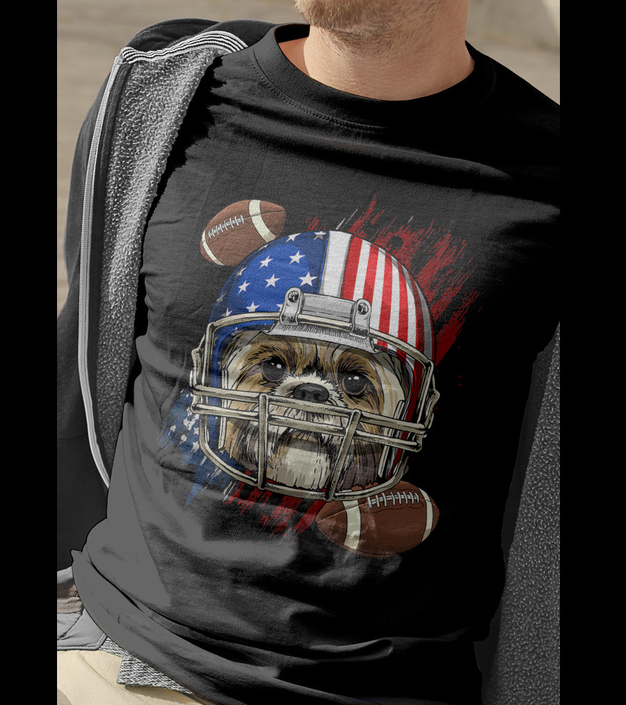 Shih Tzu In American Football Helmet With USA Flag And Footballs T-Shirt