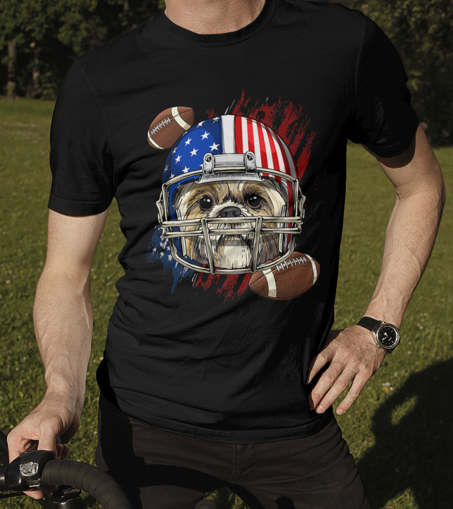 Shih Tzu In American Football Helmet With USA Flag And Footballs T-Shirt