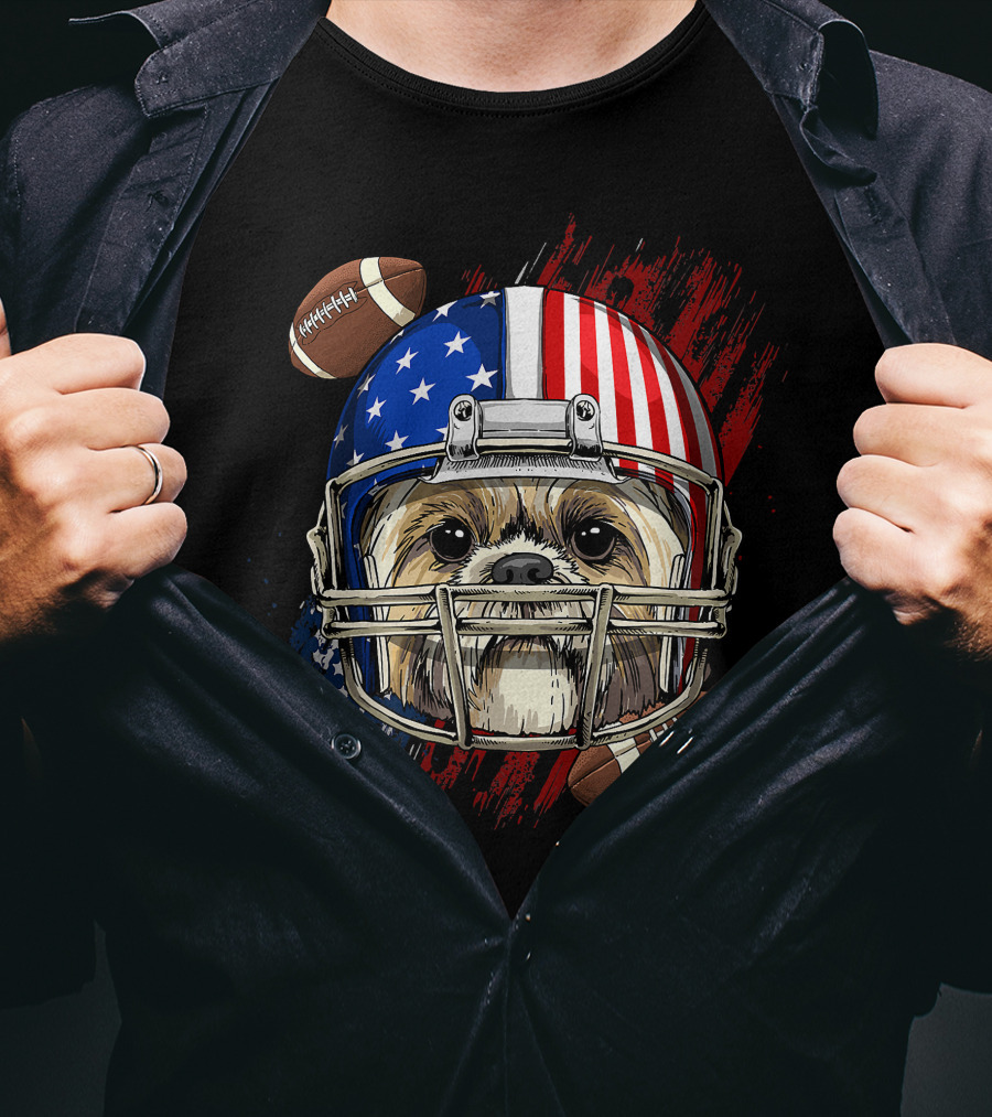 Shih Tzu In American Football Helmet With USA Flag And Footballs T-Shirt
