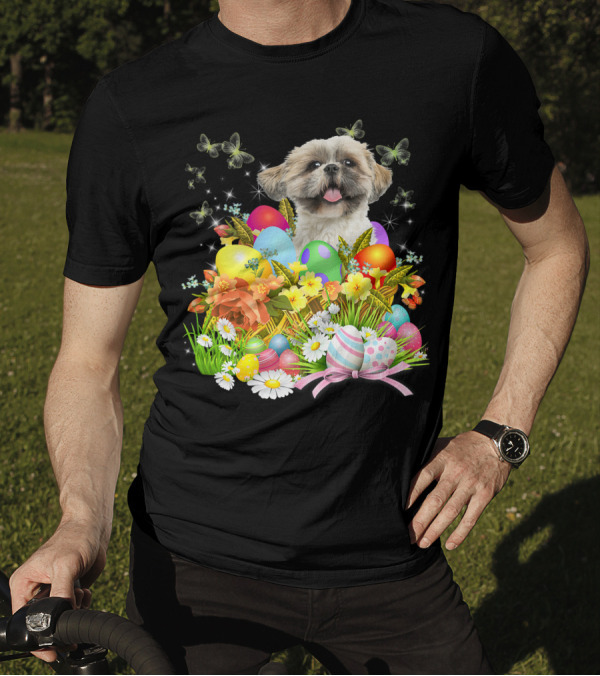 Shih Tzu Bunny Dog With Easter Eggs And Floral Basket T-Shirt