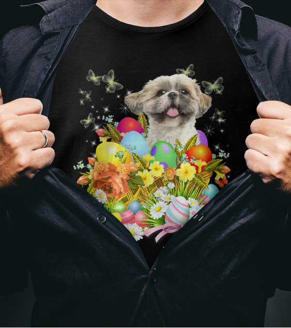 Shih Tzu Bunny Dog With Easter Eggs And Floral Basket T-Shirt