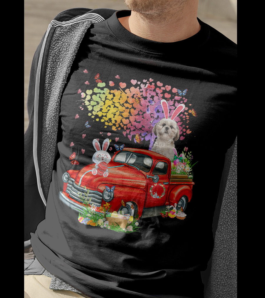 Shih Tzu Bunny On Red Truck With Easter Eggs And Rainbow Hearts T-Shirt