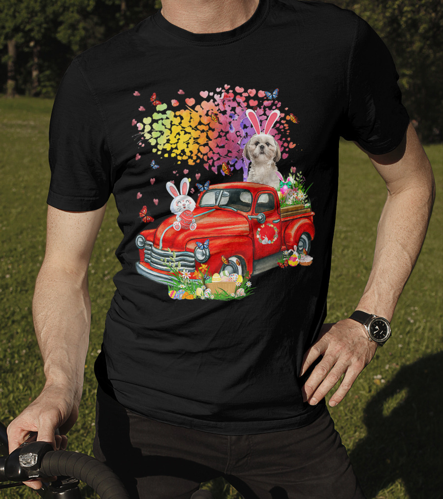 Shih Tzu Bunny On Red Truck With Easter Eggs And Rainbow Hearts T-Shirt