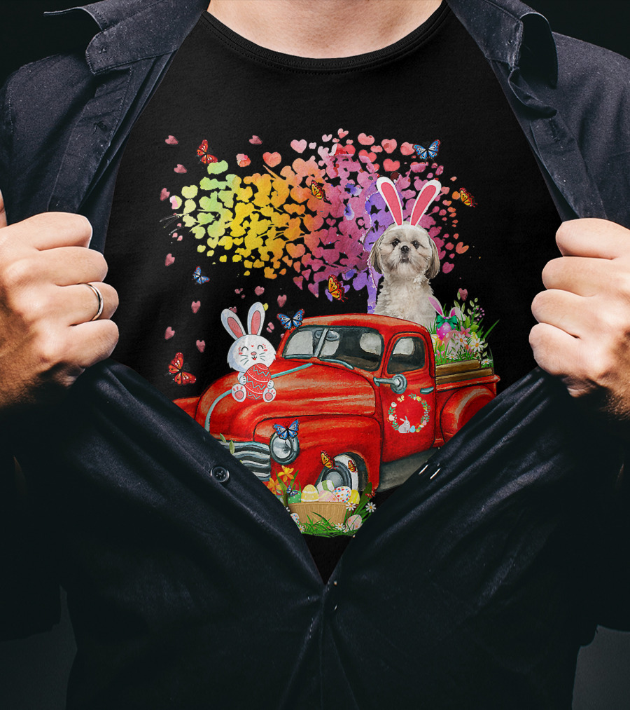 Shih Tzu Bunny On Red Truck With Easter Eggs And Rainbow Hearts T-Shirt