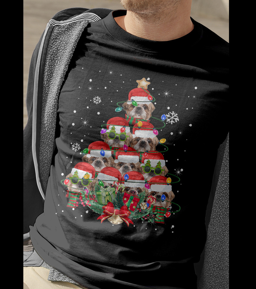 Shih Tzu Christmas Tree With Santa Hats And Lights Family Pajamas T-Shirt