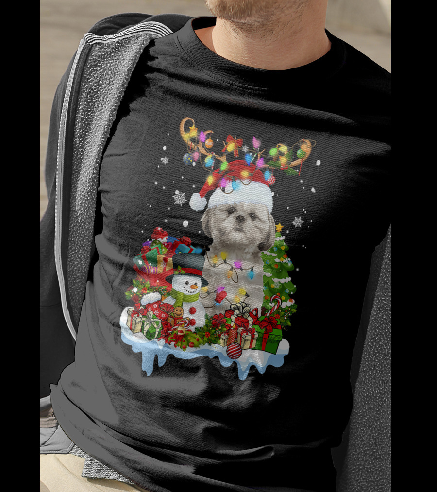 Shih Tzu Christmas Santa Hat Reindeer Antlers Lights Snowman Gifts Tree T-Shirt