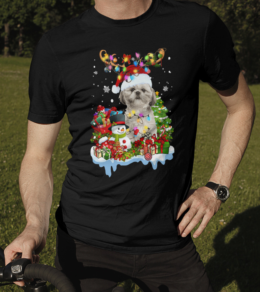 Shih Tzu Christmas Santa Hat Reindeer Antlers Lights Snowman Gifts Tree T-Shirt