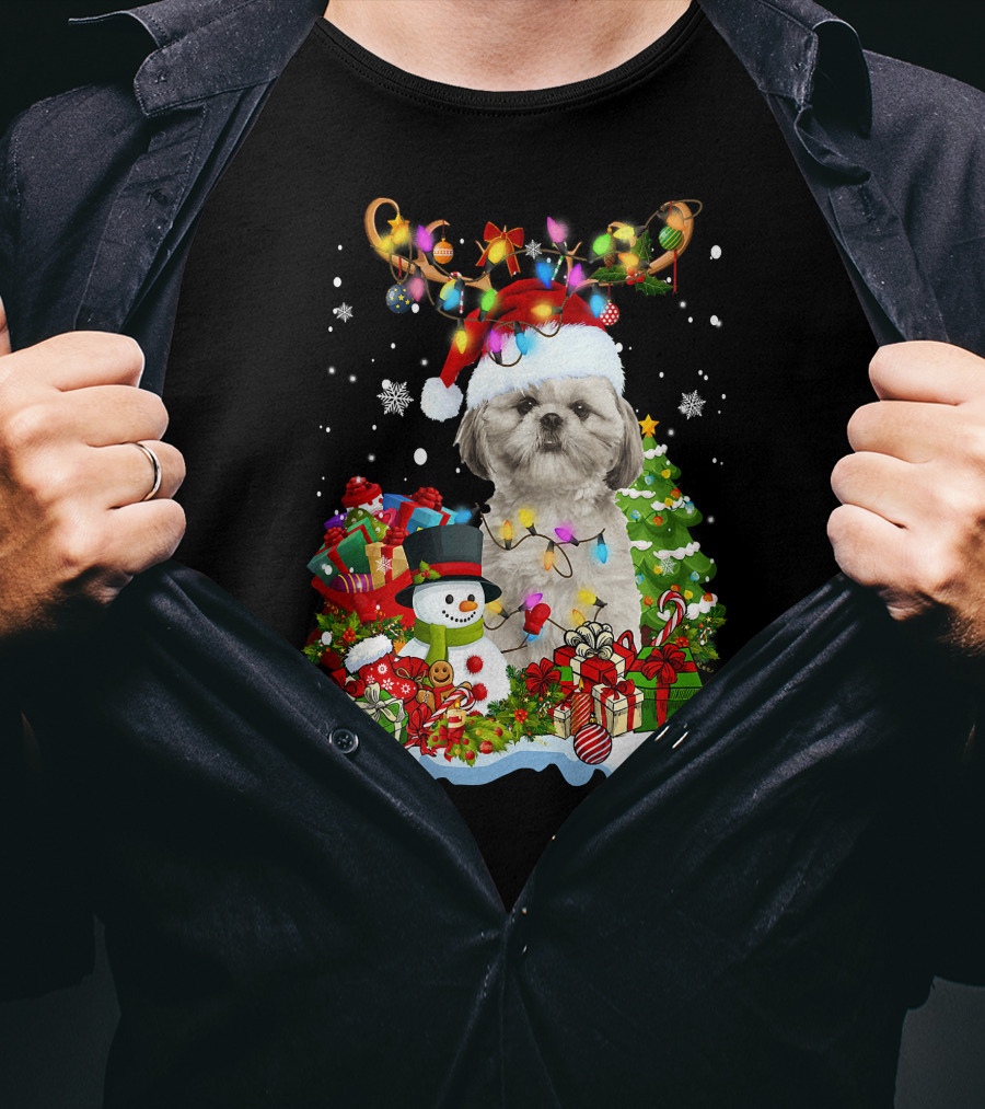 Shih Tzu Christmas Santa Hat Reindeer Antlers Lights Snowman Gifts Tree T-Shirt