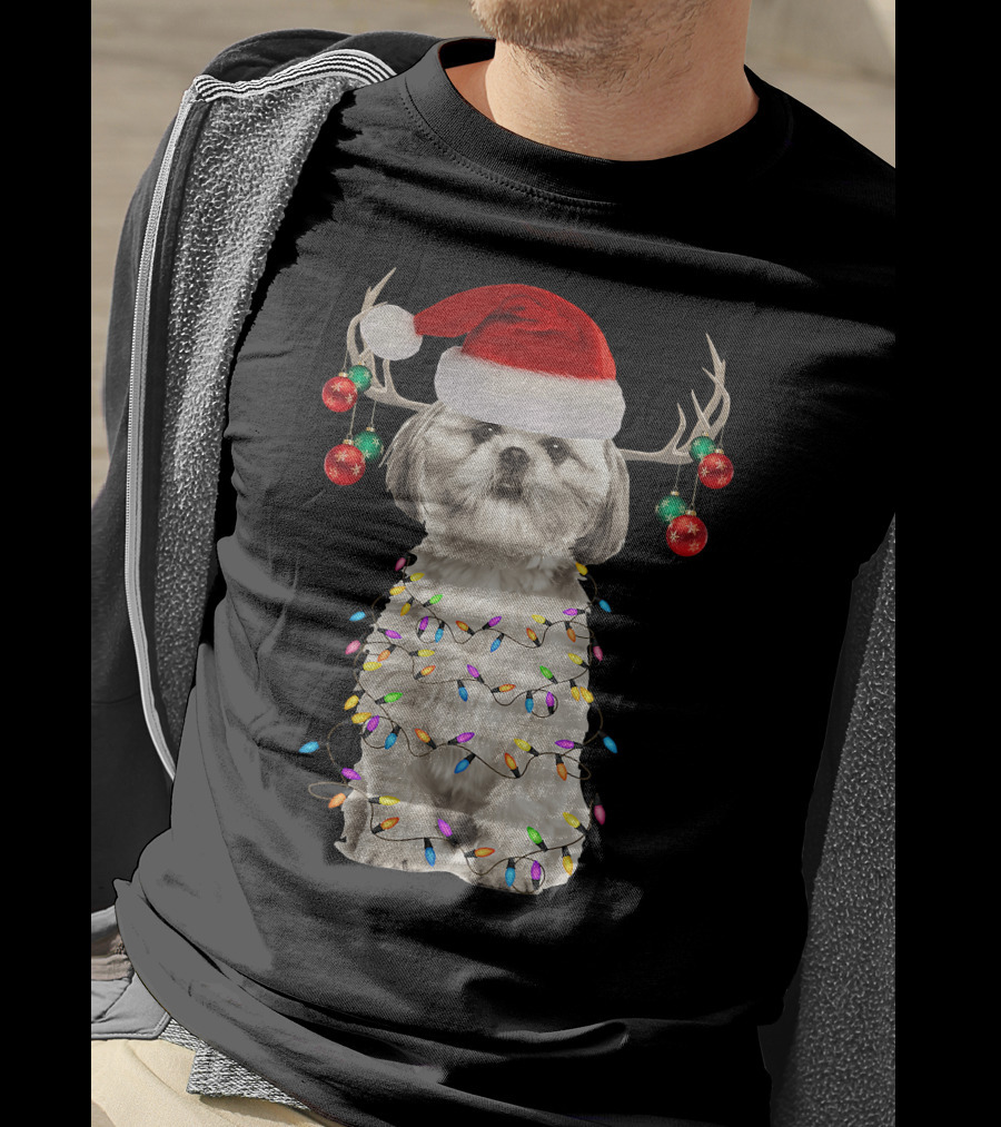 Shih Tzu Christmas Tree Santa Hat With Lights And Antlers T-Shirt