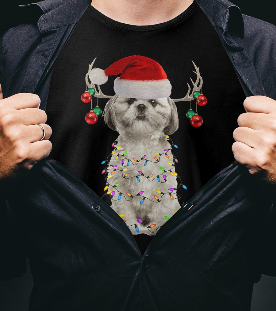 Shih Tzu Christmas Tree Santa Hat With Lights And Antlers T-Shirt